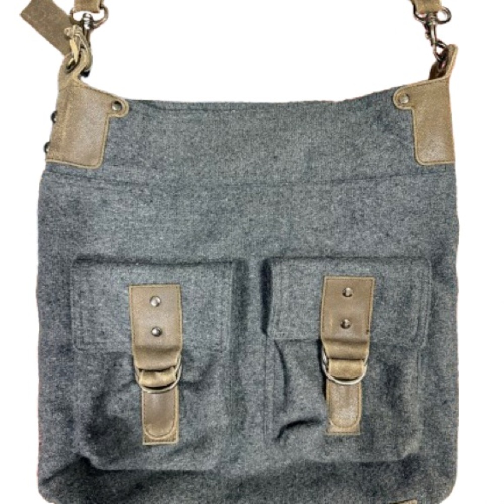 Mo&Co Gray Wool Crossbody Messenger Bag Leather Trim Utility Pockets 14” x 15”